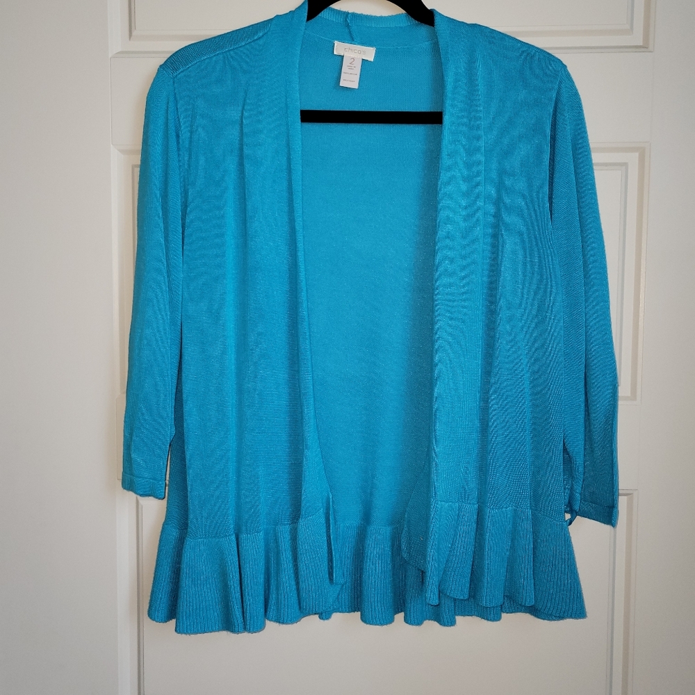 Chico's Blue Ruffled Cardigan/Shrug.  Light, flowy open front. Size 2